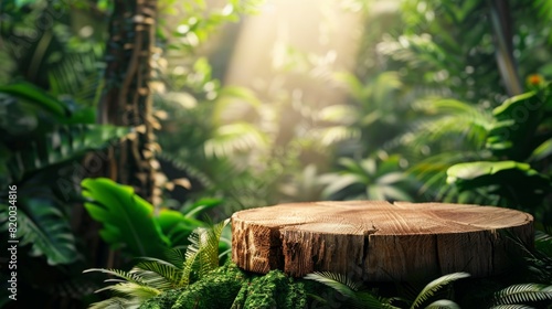 Fototapeta Naklejka Na Ścianę i Meble -  Wooden product display podium in jungle forest and sunshine shadow background. Product presentation theme. Nature and Organic cosmetic and food concept.