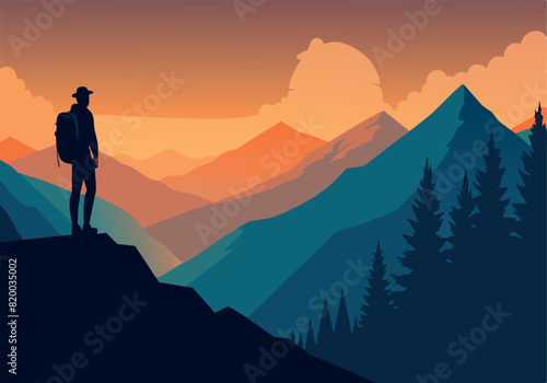 A man is standing on a mountain top with a backpack