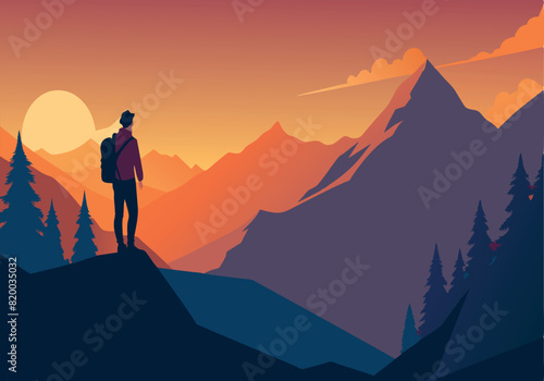 A man is standing on a mountain top, looking out at the sunset