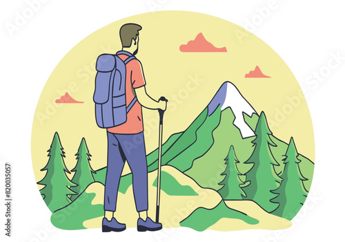 A man is hiking up a mountain with a backpack and a walking stick