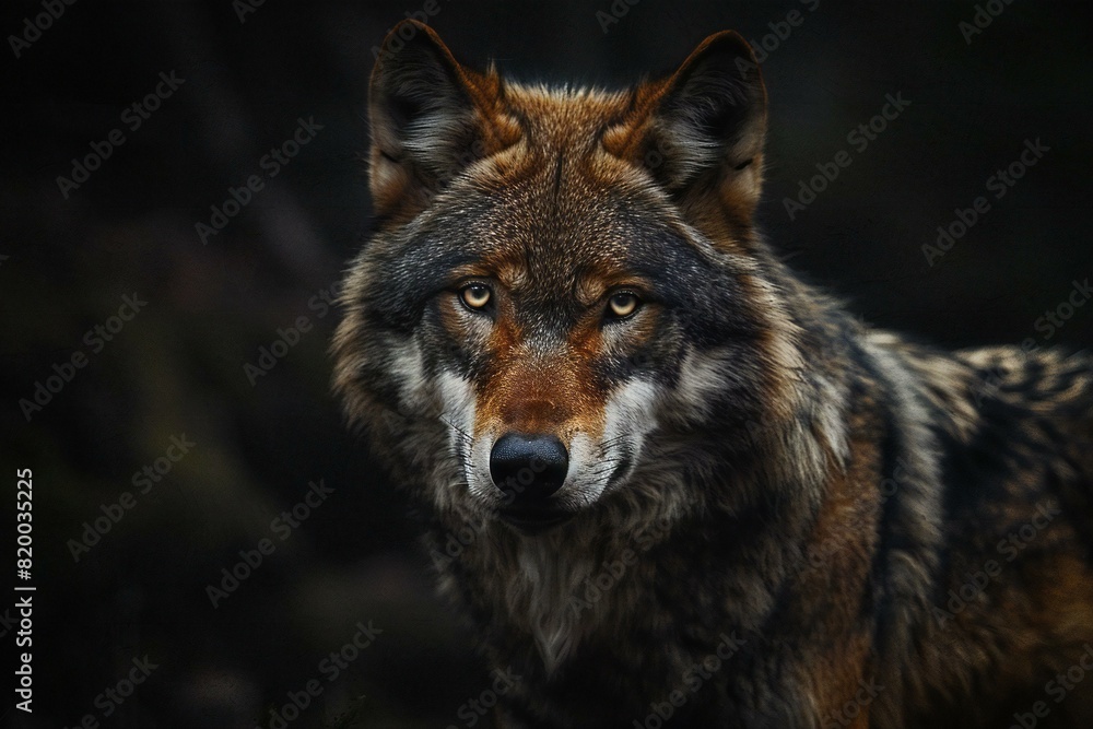 An image of a wolf standing in darkness, high quality, high resolution