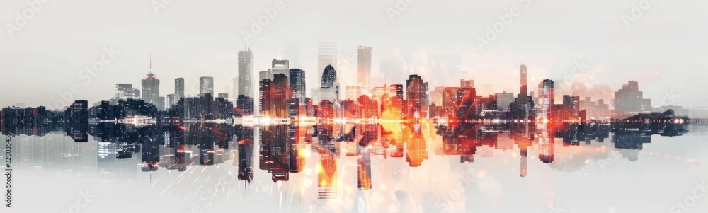 Double exposure cityscape skyline with fireworks