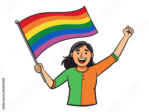LGBTQ woman celebrate with Pride Rainbow flag on white background. PRIDE month.