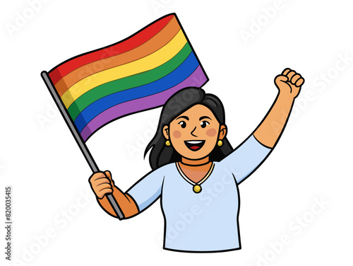 LGBTQ woman celebrate with Pride Rainbow flag on white background. PRIDE month.