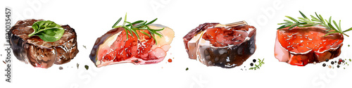 This image showcases a variety of steak cuts with artistic watercolor finishes and herb toppings photo