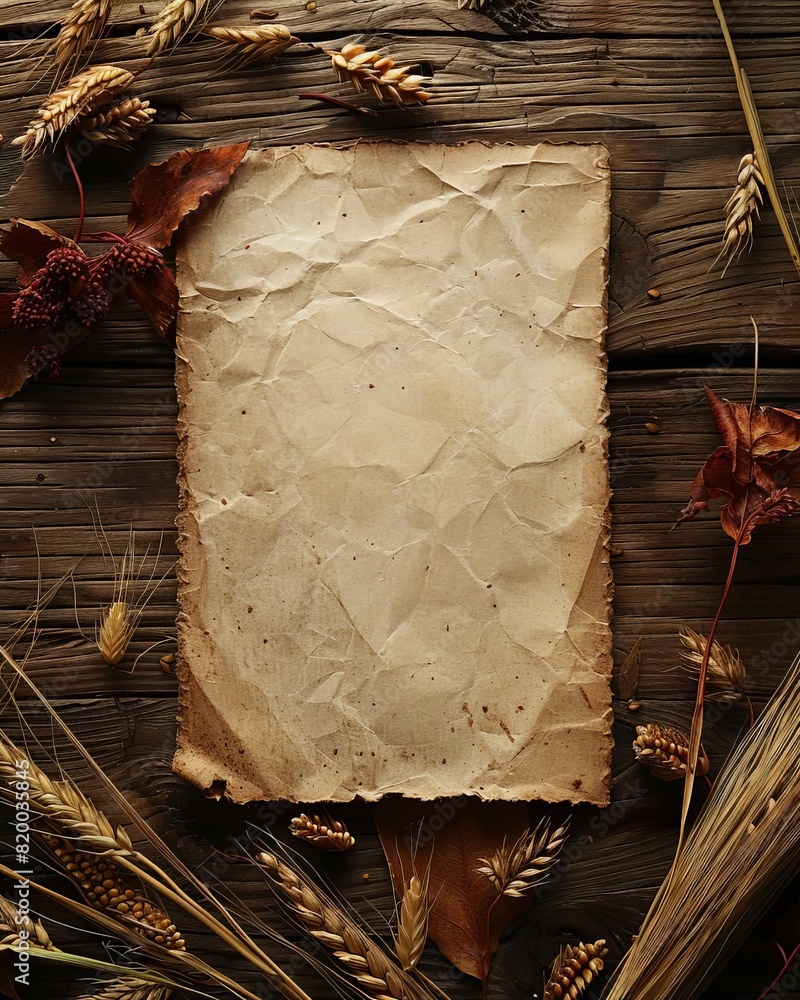 Obraz premium Empty note card with a backdrop of autumnal harvest like corn husks and wheat sheaves