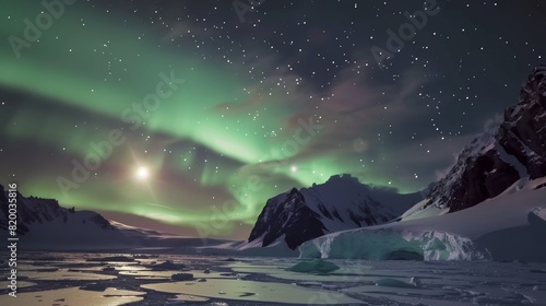 Green and Purple Auroras in the Antarctic Night Sky photo