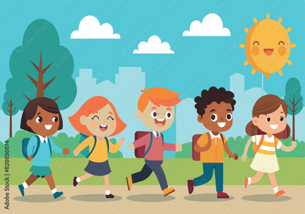 A group of children are walking in a park, some of them are carrying backpacks A group of children are walking in a park, some of them are carrying backpacks