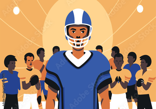 A football player stands in front of a group of other players