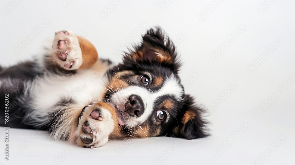 Funny studio portrait of the smilling puppy dog Australian Shepherd lying on the white background giving a paw and begging : Generative AI