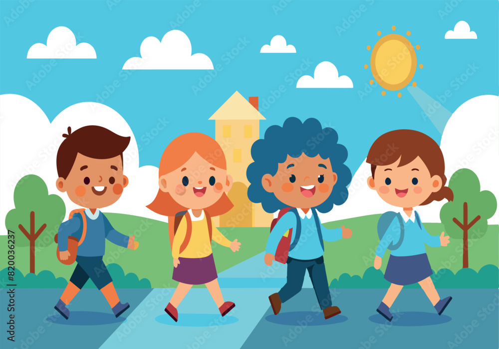 A group of children are walking down a street, some of them carrying backpacks A group of children are walking down a street, some of them carrying backpacks
