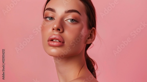 Pretty young woman with smooth perfect moisturized skin natural make up and bare shoulders posing on pink studio background Female model advertising skincare cosmetics beauty products   Generative AI