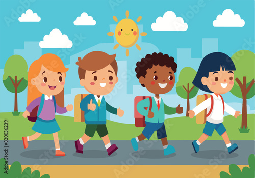 A group of children are walking down a street