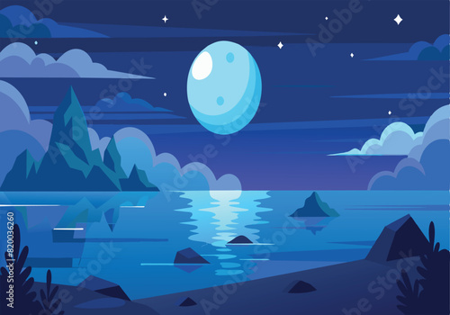 A beautiful night sky with a large blue moon and a calm body of water