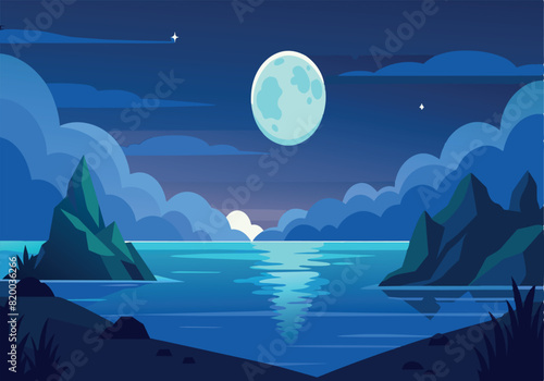 A beautiful night sky with a large moon and a calm body of water