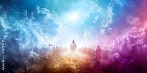 Jesus Christ Ascends to Heaven in the Presence of His Followers and God. Concept Religious Art, Christian Symbolism, Biblical Story, Spiritual Beliefs, Divine Presence