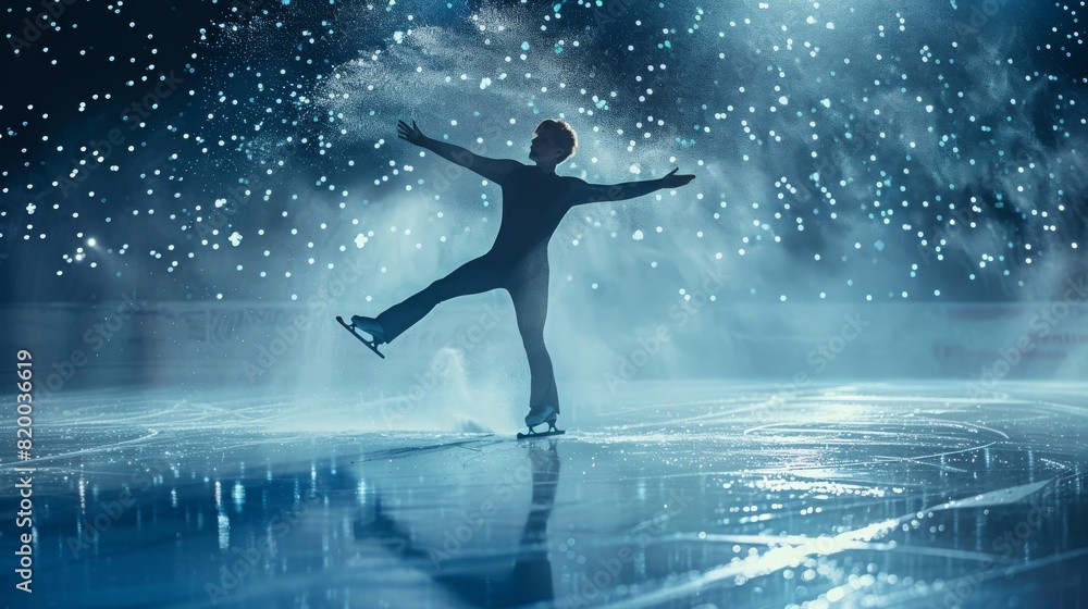 Picture of a figure skater mid-performance during a routine, with dynamic movements and the audience applauding. Picture of a figure skater mid-performance during a routine, with dynamic movements and the audience applauding.