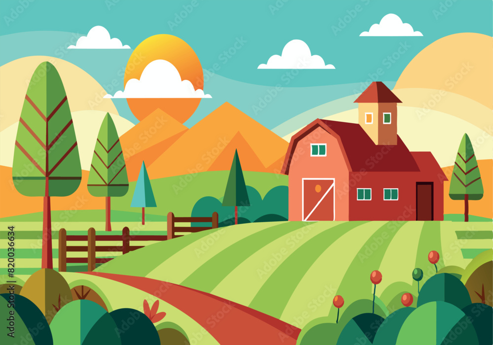 A farm scene with a red barn and a house