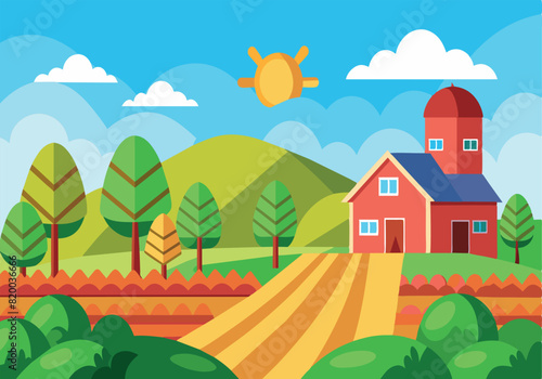 A farm scene with a red barn and a house