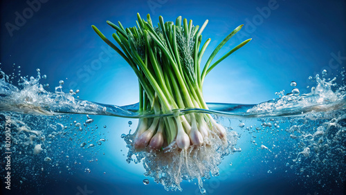 Close-up of a heap of green onions plunging into water, generating a splash against a calming blue background, epitomizing vitality and freshness photo