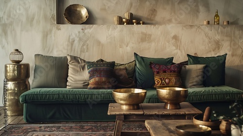 Vertical shot of green comfortable sofa with cushions stand against beige copy space wall in living room Old rustic coffee table with tibetan singing bowls against sofa in cozy hygge a : Generative AI photo