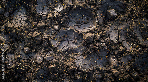 High-resolution photograph capturing the detailed surface of loamy soil from above, revealing its moist, nutrient-rich qualities perfect for gardening and farming visuals