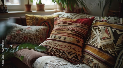 Patterned pillows lying on a cozy sofa in a bohemian living room interior : Generative AI © The Little Hut