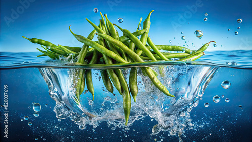 A close-up of a heap of green beans falling into water, producing a refreshing splash with droplets against a tranquil blue background, evoking freshness photo