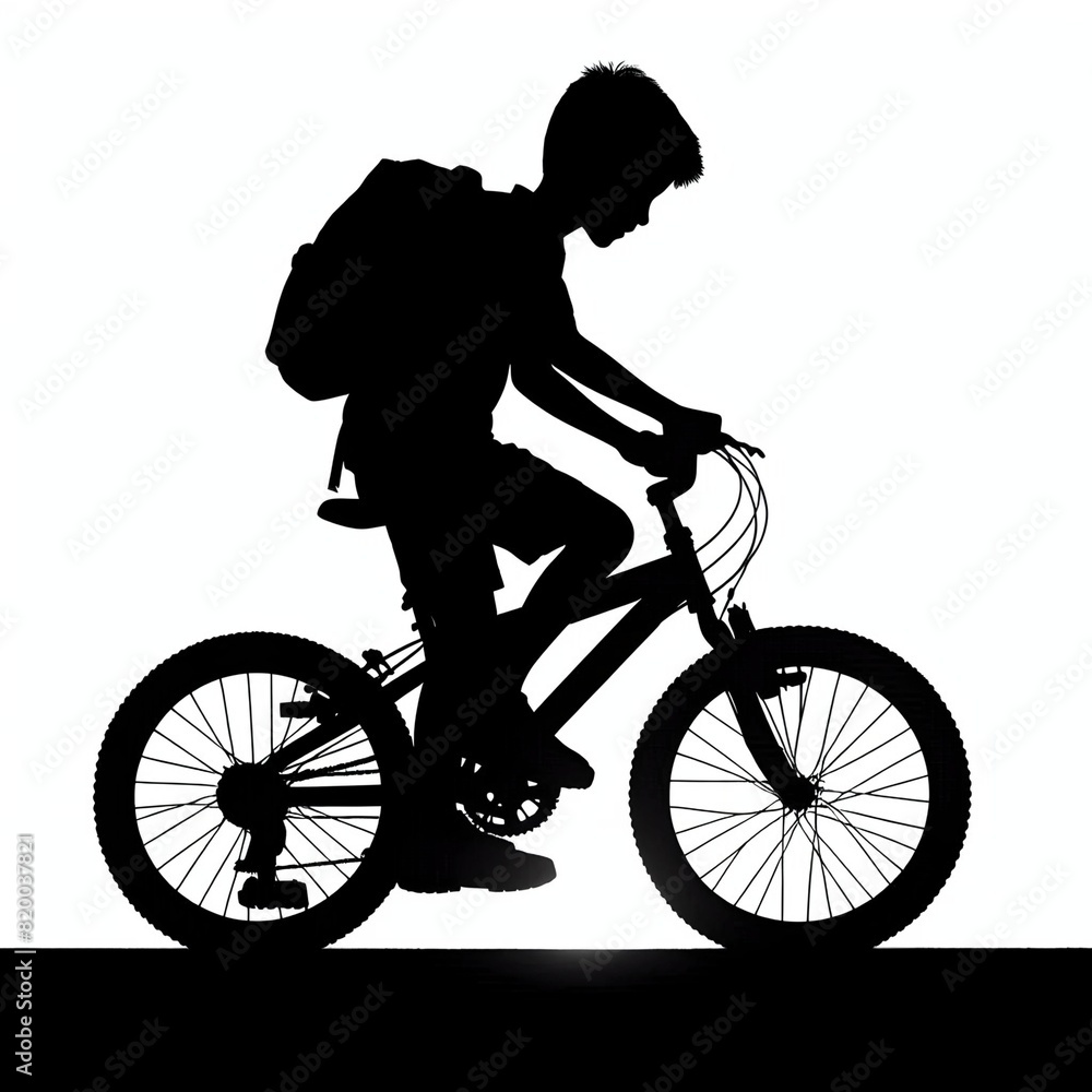 Naklejka premium Silhouette of a boy carrying a bag riding a bicycle on a white background.