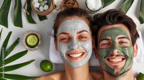 Facial spa and smile with portrait of couple for skincare cosmetics and detox from above Beauty relax and self care with man and woman with clay mask at home for salon wellness and cuc : Generative AI photo