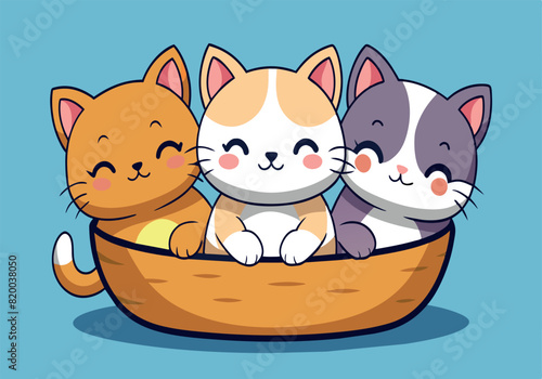 Three cats are sitting in a basket, smiling and looking happy
