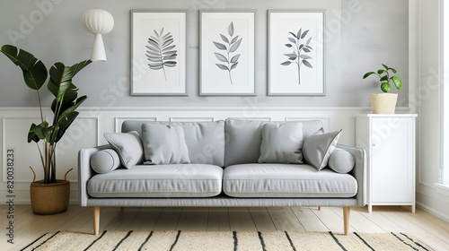 Grey settee near white cupboard in minimal living room interior with posters on the wall Real photo : Generative AI photo