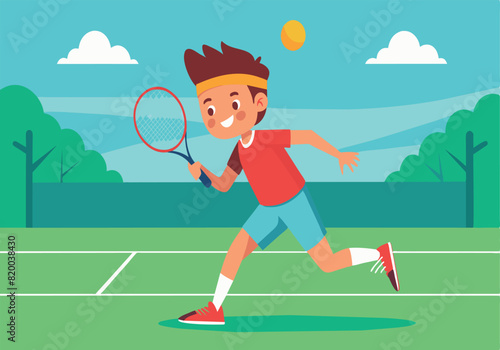 A young boy is playing tennis and is running towards the ball