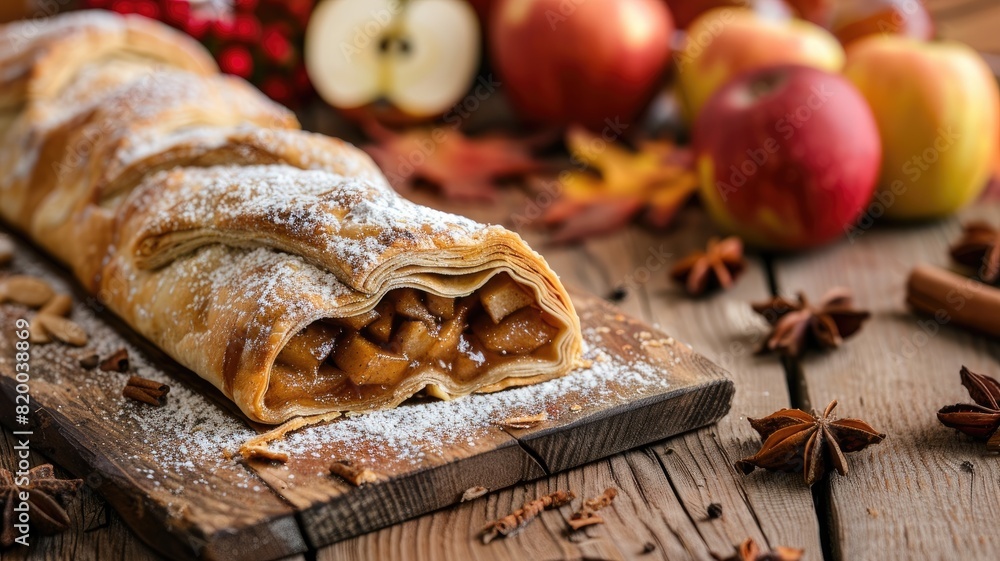 Fototapeta premium Apple strudel on wooden board with fruits and spices