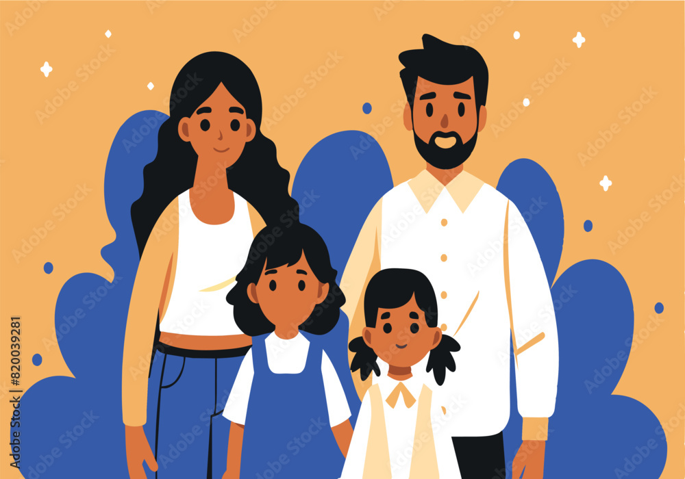 A family of four, a man and three children, are standing together A family of four, a man and three children, are standing together