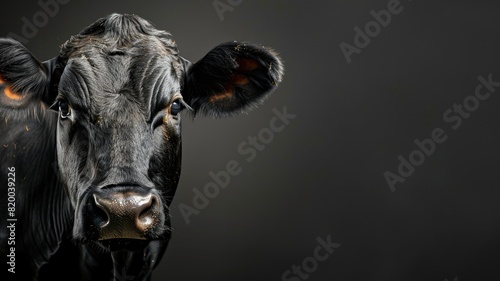 Black cow with shiny coat looking forward against dark grey background photo
