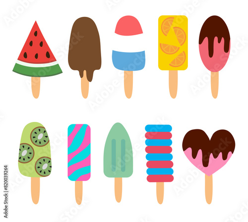 Ice cream collection. Citrus orange  watermelon  classic  gelato  sorbet  kiwi  fudge  popsicle  sundae  chocolate  in cone. Summer time sweet food.