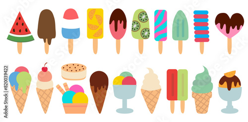 Ice cream collection. Citrus orange, watermelon, ball in cup, classic, gelato, sorbet, Waffle cup, fudge, popsicle, sundae, vanilla, with cherry, sandwich, chocolate, in cone. Summer time sweet food.