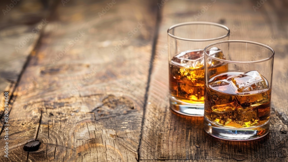 Two glasses of amber-colored liquid with ice on wooden surface Two glasses of amber-colored liquid with ice on wooden surface