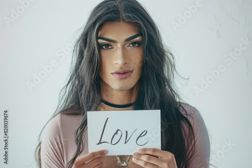 Lulu, a 30 years old transsexual Holding a sign that says "Love",studio photo 