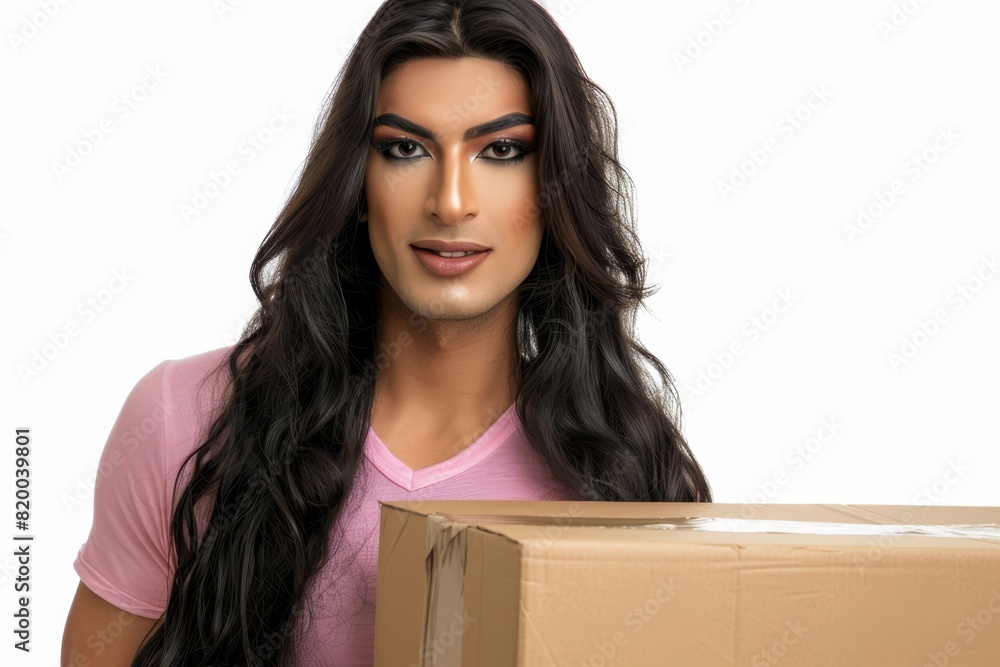 Lulu, a 30 years old transsexual logistic staff wearing pink shirt holding a big cardboard package ,studio photo Lulu, a 30 years old transsexual logistic staff wearing pink shirt holding a big cardboard package ,studio photo
