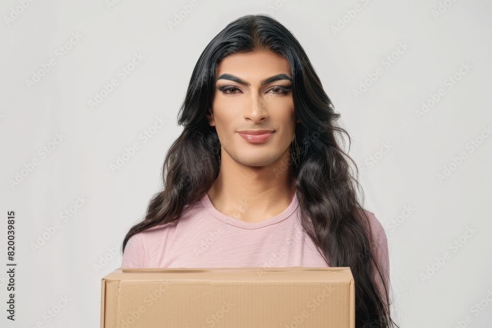Lulu, a 30 years old transsexual logistic staff wearing pink shirt holding a big cardboard package ,studio photo Lulu, a 30 years old transsexual logistic staff wearing pink shirt holding a big cardboard package ,studio photo