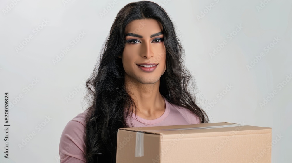 Lulu, a 30 years old transsexual logistic staff wearing pink shirt holding a big cardboard package ,studio photo Lulu, a 30 years old transsexual logistic staff wearing pink shirt holding a big cardboard package ,studio photo