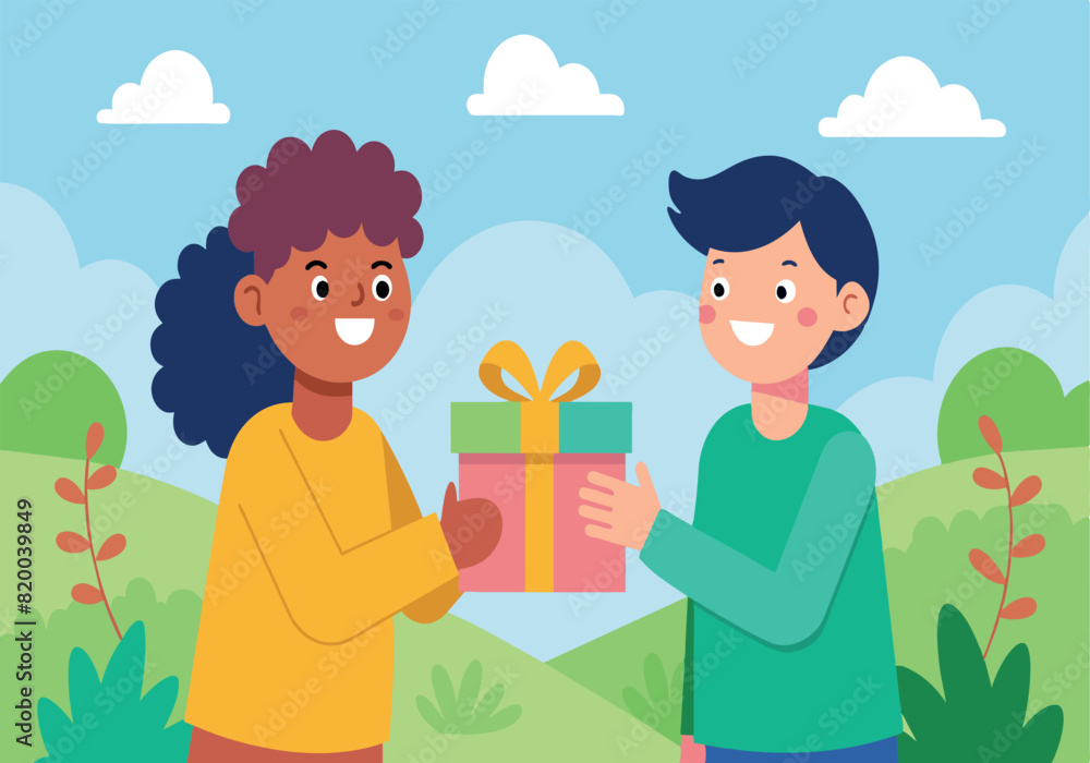 A girl is giving a gift to a boy A girl is giving a gift to a boy