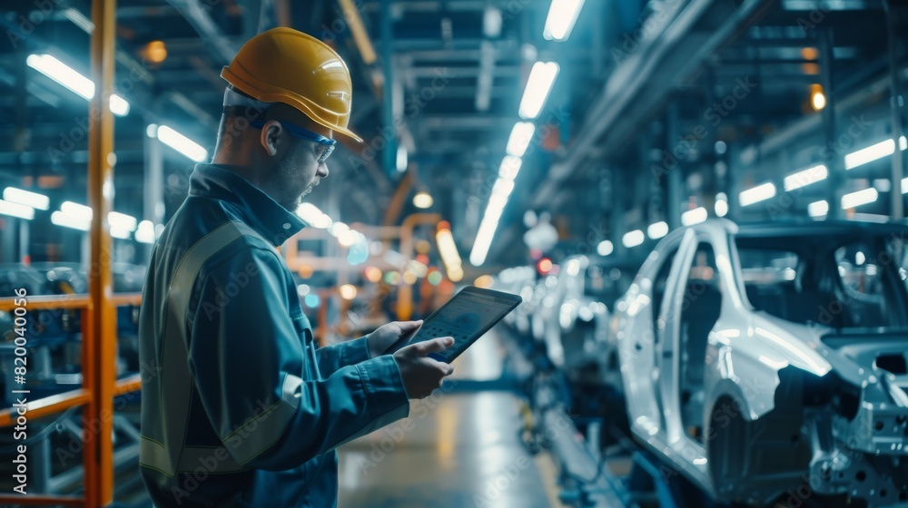 An engineer in a safety helmet, part of the modern workforce, uses a tablet to inspect a car factorys production line ensuring quality and efficiency with the help of digital technology An engineer in a safety helmet, part of the modern workforce, uses a tablet to inspect a car factorys production line ensuring quality and efficiency with the help of digital technology