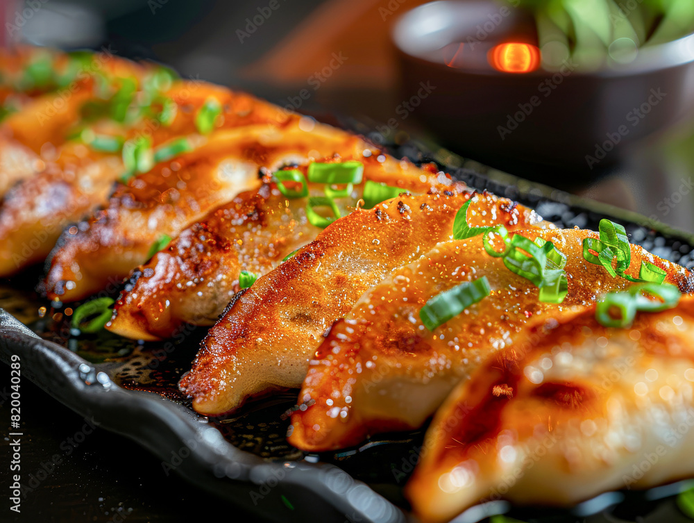 the crispy edges of dumplings arranged in a row on a matte black serving platter, vibrant green scallions sprinkled atop the crispy edges of dumplings arranged in a row on a matte black serving platter, vibrant green scallions sprinkled atop