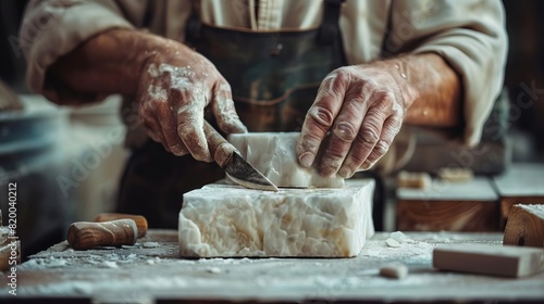 antique stonecutter chiseling marble block vintage craftsmanship concept photo