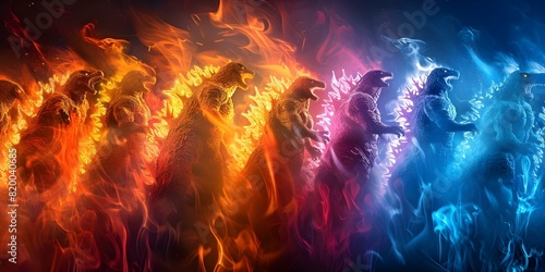 Row of colorful monster images resembling comic or game characters including Godzilla. Concept Monster Mashup, Comic Characters, Godzilla Tribute, Colorful Illustration, Game Characters photo