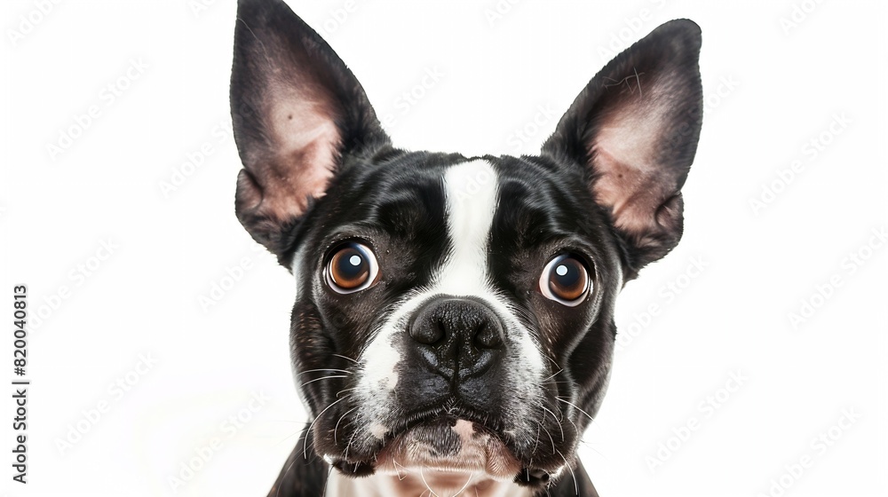 Studio headshot portrait of Boston terrier dog with head tilted looking forward against a white background : Generative AI