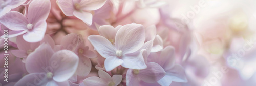 Close Up of Delicate Pink Hydrangea Blossoms in Soft Focus Light